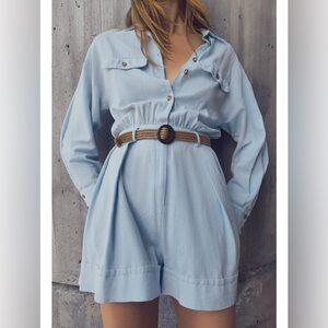 zara NWT linen blend belted short jumpsuit/ L